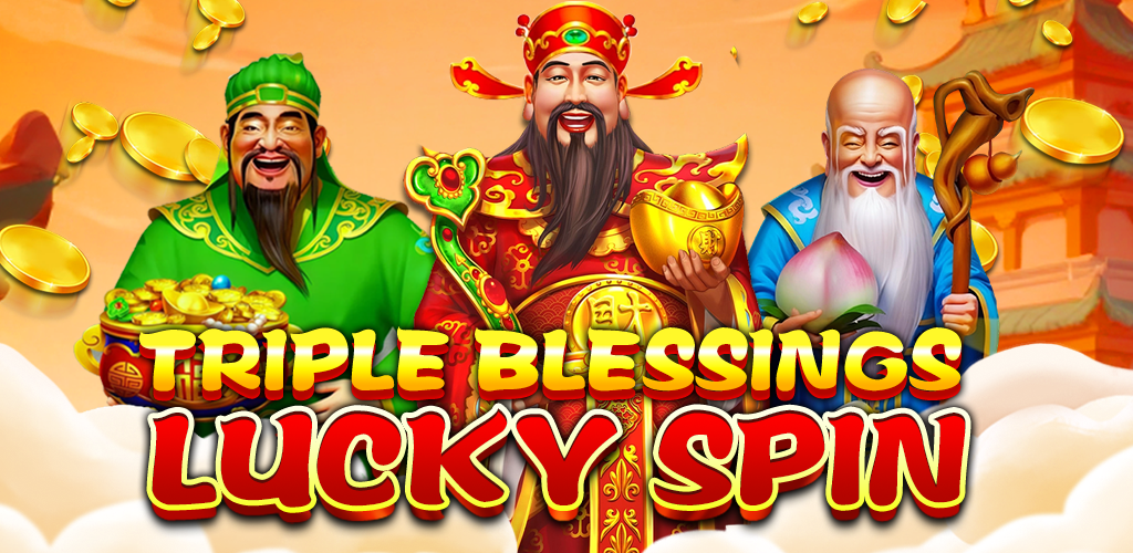 Triple Blessings Lucky Spin festive game banner with blessing characters and golden coins